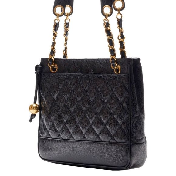 Chanel Double Chain Shoulder Caviar Skin Black Gold Mini - Picture 2 of 8